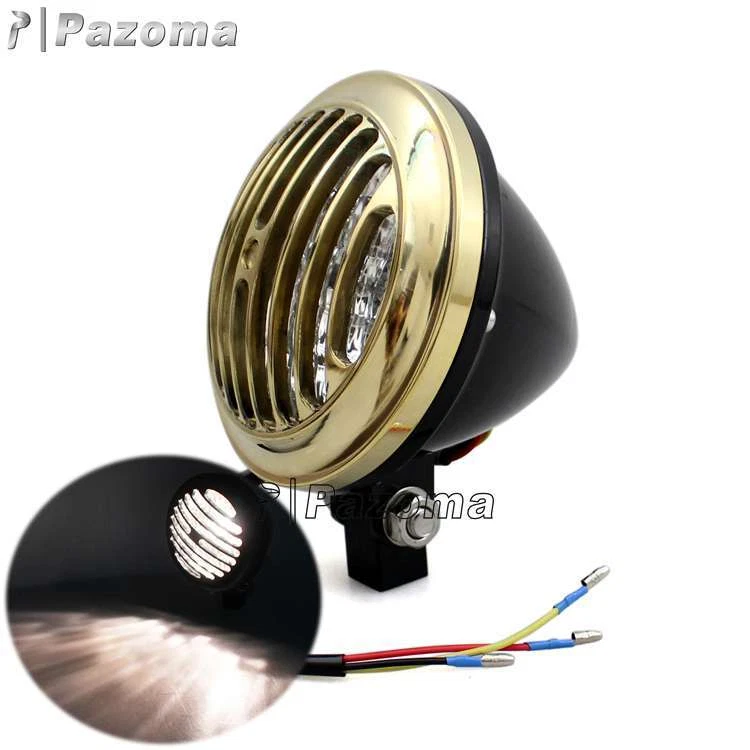 Lámpara retro aluminio aletas parrilla latón cubierta faro para Harley Bobber Dyna Foto 3 de 4