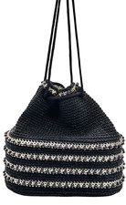 Vintage Woven Drawstring Bucket Mini Bag Silver Beads