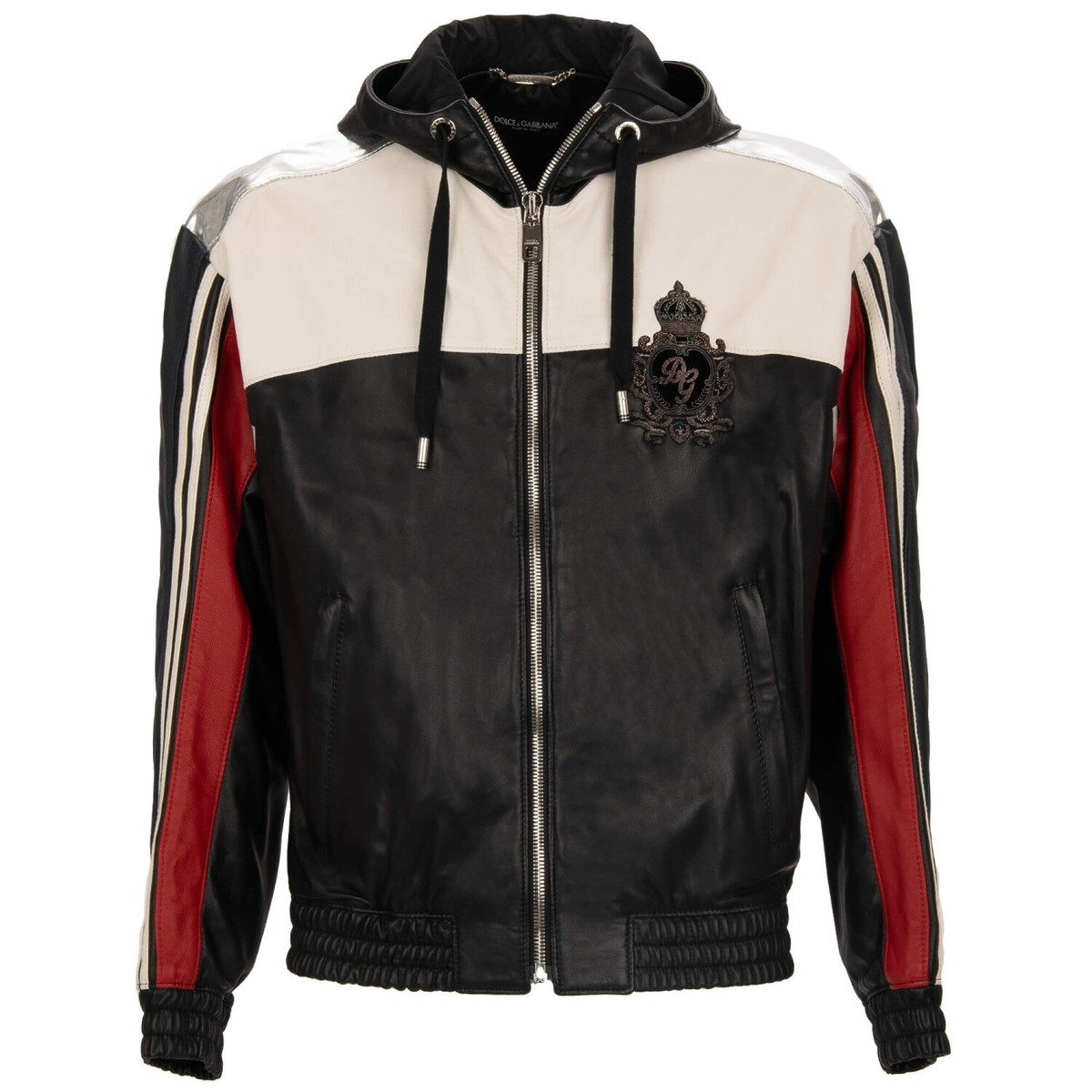 DOLCE & GABBANA Logo Crown Patch Leather Hoody Bomber Jacket Black 