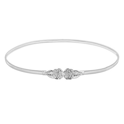 Women's Elastic Belt, Narrow Belt (Silver, Leaf & Flower)