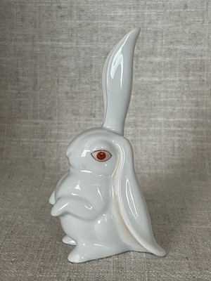 Herend White Long Ear Up Bunny Rabbit Figurine Red Eyes Porcelain Hungary READ