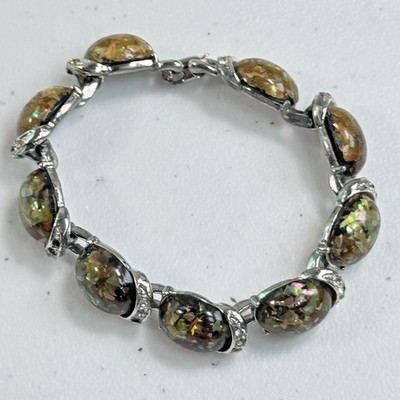 Vintage Coro Confetti Green Lucite Link Bracelet Silver Tone Oval Cabochon mcm