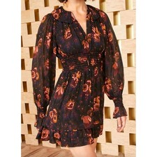 Ulla Johnson Adara Dress Womens 2 Black Orange Mini Floral Silk Smocked Party