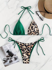 Leopard Print Contrast Color Bikini Set - Triangle Bikini Set
