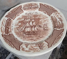2 Alfred Meakin Fair Winds Dinner Plates 10 1/2" Friendship of Salem Brown Ship