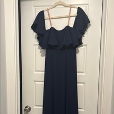 Fame and Partners Strapless Navy Formal Dress with Ruffles Quiet Luxury Elegant