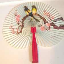 Chinese Folding Hand Fan Bird Blossom Design Red Handle VTG Metal Paper