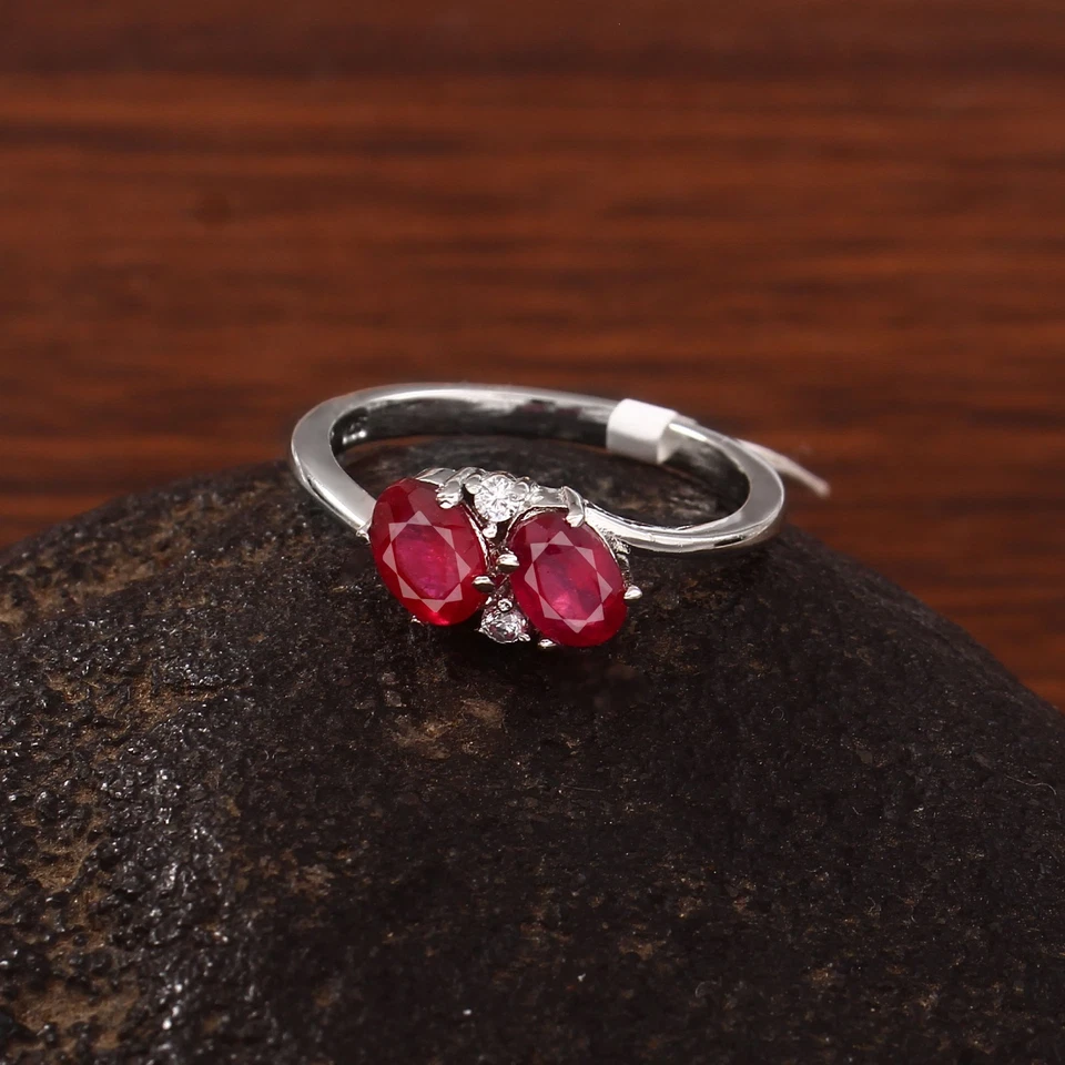 Sterling Silver Ruby Ring • Twin Oval Gemstones • Diamond Accent Design • Gift - Image 4 of 4