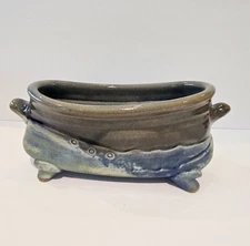 Handmade Footed Pottery Tub Waves Planter Stamped Design Blue Glaze Signed 