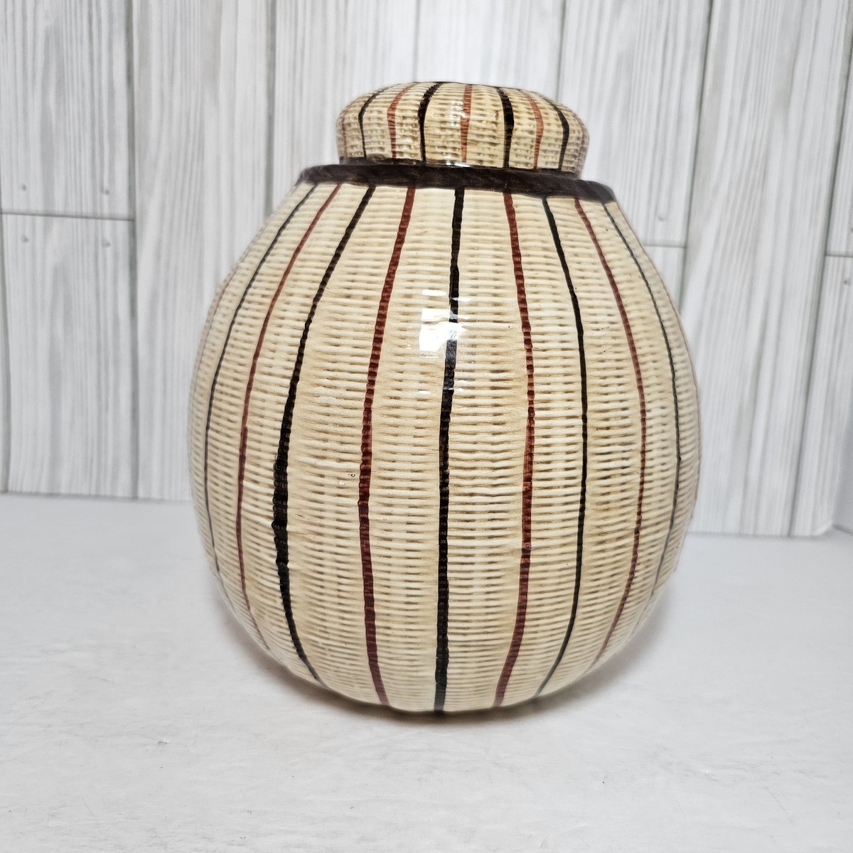 made in italy 花瓶 Ethan Allen Vintage Porcelain Basketweave Rattan Ginger Jar MCM