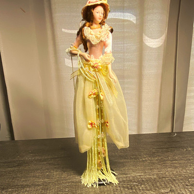 Victorian Style Lady Figurine Green & Pink Floral Dress Hat 3D Fabric Plastic