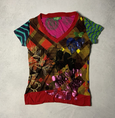 Desigual Damen T-Shirt Gr. L Jersey mehrfarbig Patchwork V-Ausschnitt Kurzarm