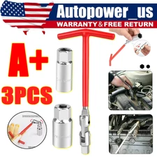 3-PC Spark Plug Removal Tool 16 21mm T-Handle Flexible Spanner Socket Wrench Set