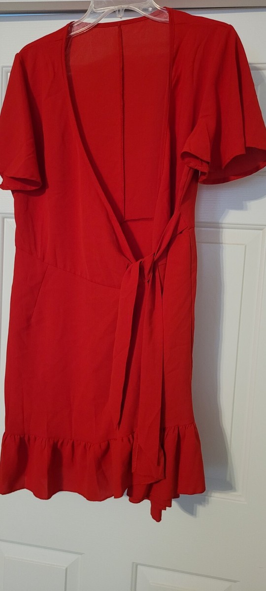 polyester red dress Monki polyester wrap midi dress in bright red - RED