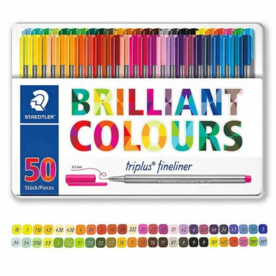 Staedtler Triplus Fineliner 0.3mm Brilliant Colours Ink Pen Metal Tin 50 Colors - Photo 1/4