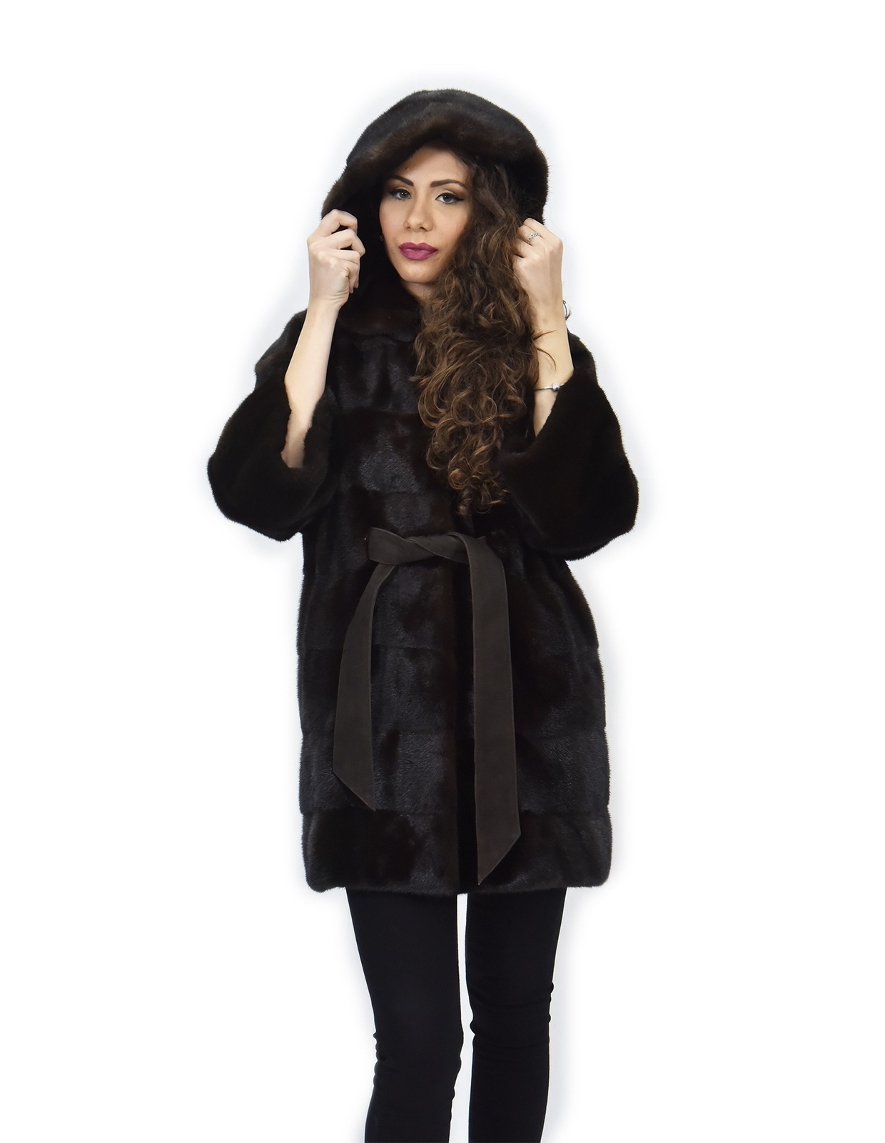 long sleeve leather coat 42 mahogany mink fur hood belt