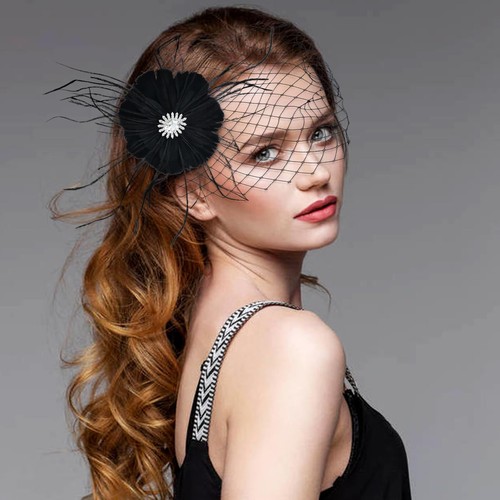 1920s Flapper Accessories Black Feather Veil Fascinator with Hair Clip Tea Pa... - Picture 7 of 8