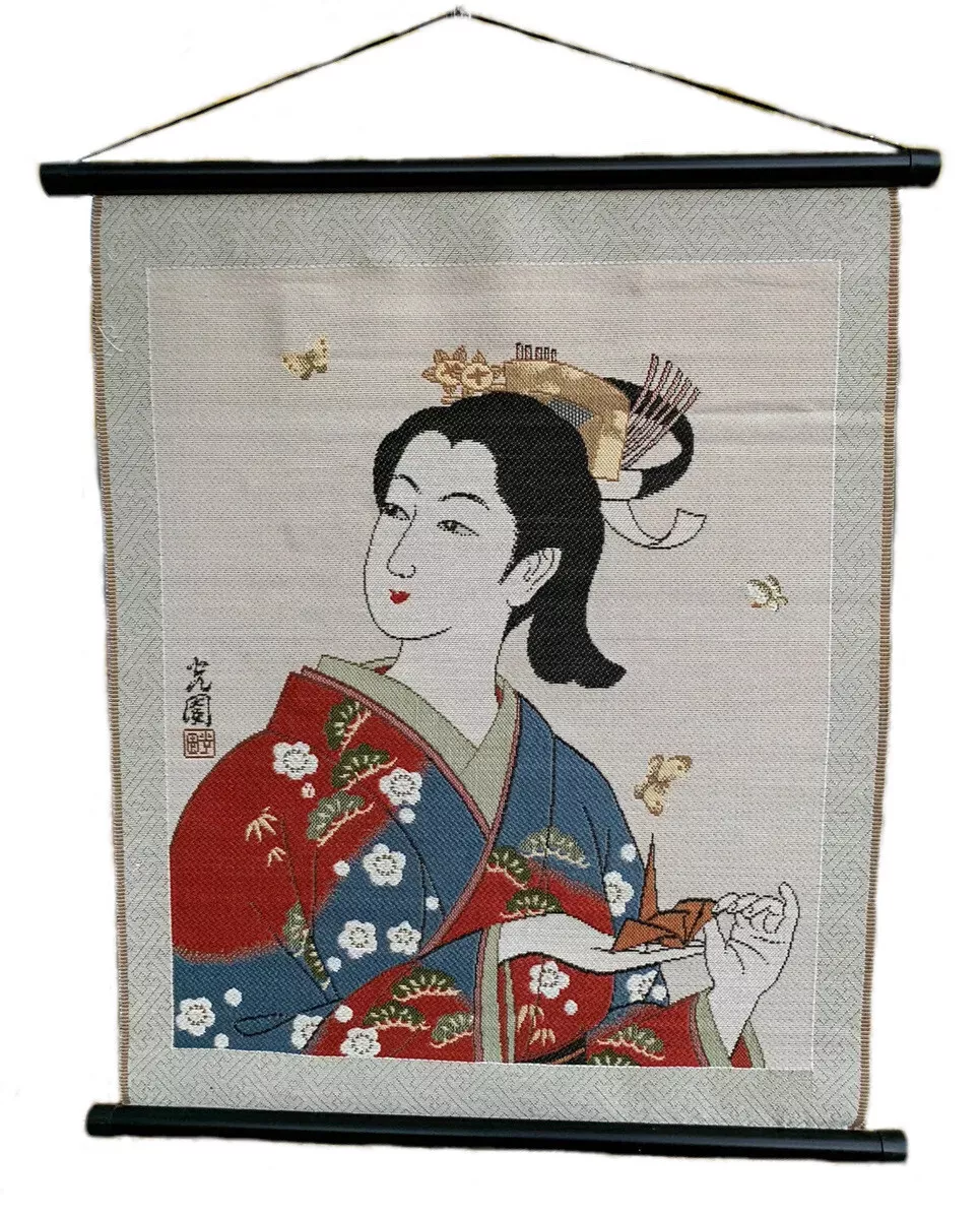 Vintage Japanese Tapestry Geisha Woman With Origami Crane Wall Hanging