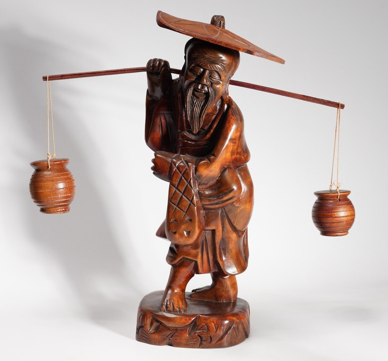 Antique Japanese Hand Carved Fisherman 9" Rosewood Figure Statue w/ Hat