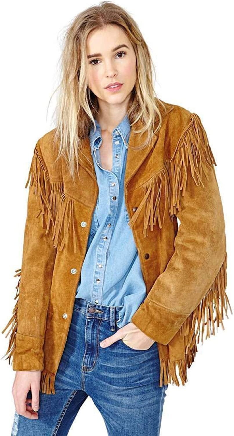 Native Americans Women's Cowgirl Suede Leather Jacket Western Coat Fringes
