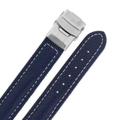 Vera Pelle Cinturino Orologio con Chiusura Pieghevole Cuciture Blu