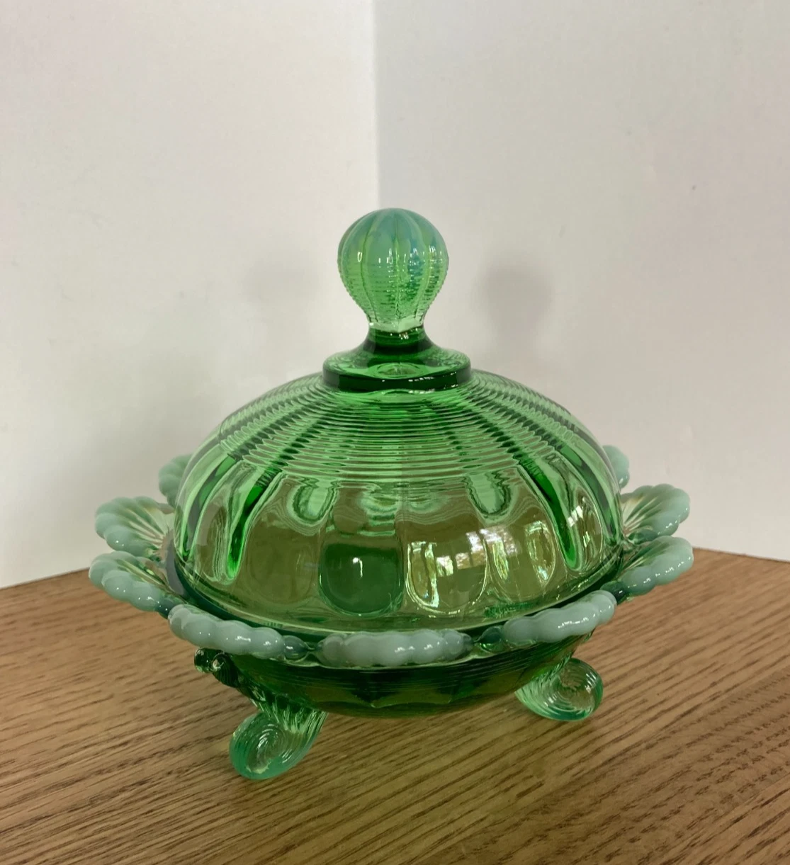 Mosser or Northwood ? Green Glass Butter Dish Opalescent Scalloped Edge 3 Footed