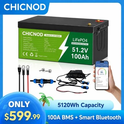 48V 100Ah Golf Cart LiFePO4 Lithium Battery 5120Wh Bluetooth +58.4V 20A Charger