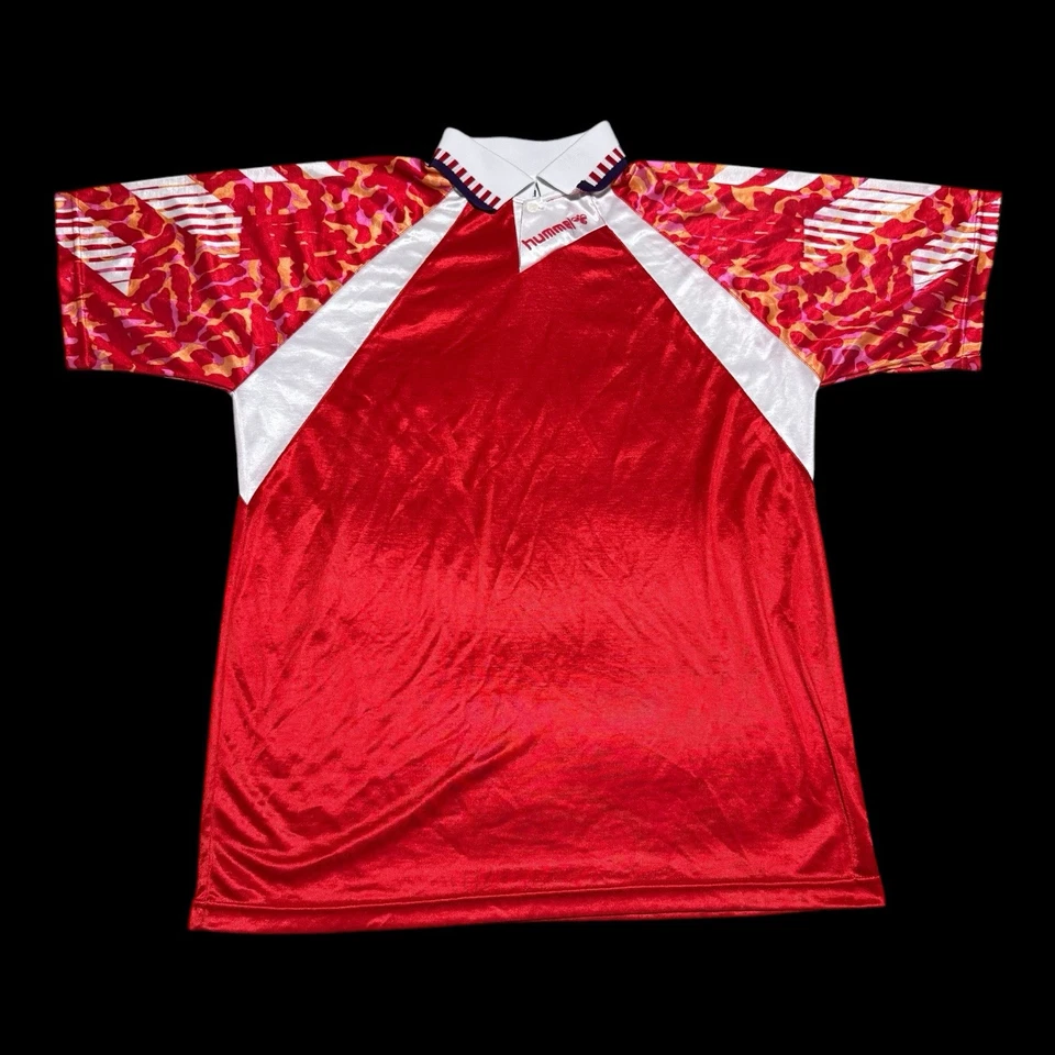 Camiseta de fútbol vintage años 90 Hummel roja blanca en blanco 15 cuello adulto grande Foto 2 de 4