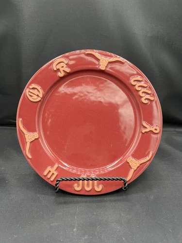 Frankoma Ceramic Western-Themed Red Salad Plate Cowboy Brands Longhorn VTG
