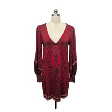 Free People Burgundy Red Damask Jacquard V-Neck Balloon Sleeve Sweater Dress M