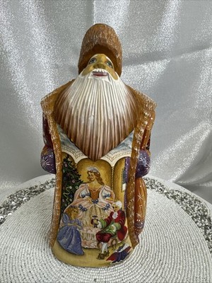 Russian Ded Moroz Grandfather Frost 2005 Wooden Hand Carved & Painted Signed Fig