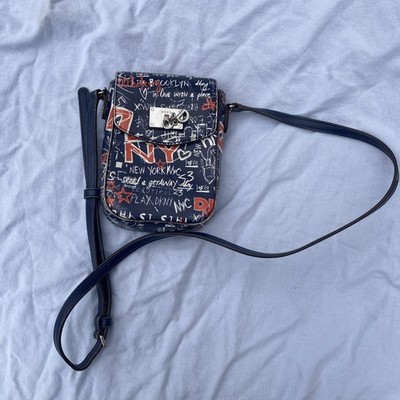 DKNY Graffiti Print Leather Crossbody Bag Blue/Orange Very Well Worn 