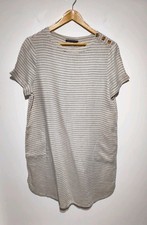 M&S Linen Dress UK 14 Short Sleeve Oatmeal Stripe Pockets Button Detail Summer