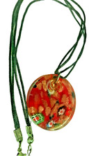 Art Glass Pendant Necklace Hand Blown with Canes & Gold Flecks Red Vintage