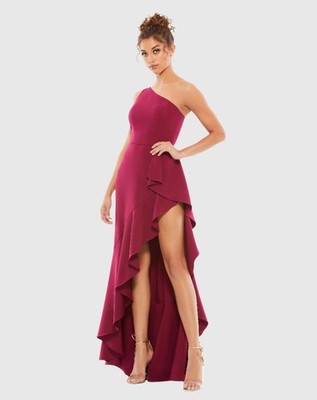 Ieena for Mac Duggal Dress Women's 8 Purple One Shoulder High Slit Ruffle Gown