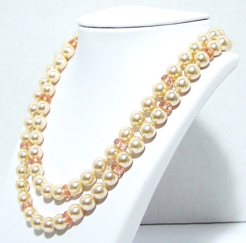ESTATE Item Vintage JOAN RIVERS Faux PEARL, PINK Crystals Necklace 36 Inch Long