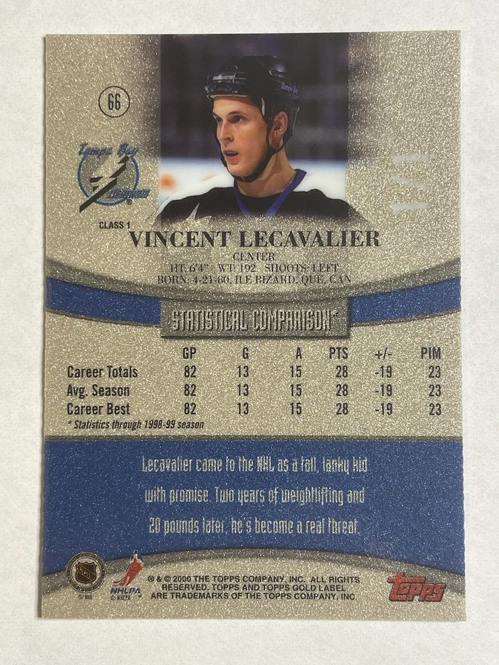 1999-00 Topps Gold Label RED LABEL Class 1 ~Vincent Lecavalier 1/1 One Of One - Image 2 of 3