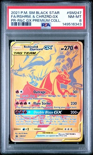 2021 POKEMON SM PREMIUM COLLECTION #SM247 FULL ART/RESHIRAM & CHARIZARD GX PSA 8