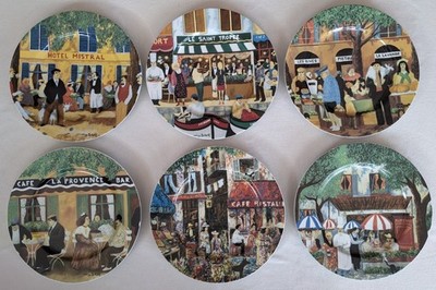 Guy Buffet Porcelain Plates French Cafe Market Scenes Complete Set of 6 * JAPAN
