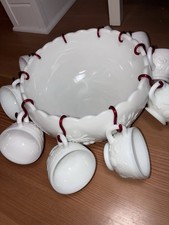 VTG Westmoreland Milk Glass Punch Bowl 11 Cups W/ Hooks Grape / Pineapple Motif