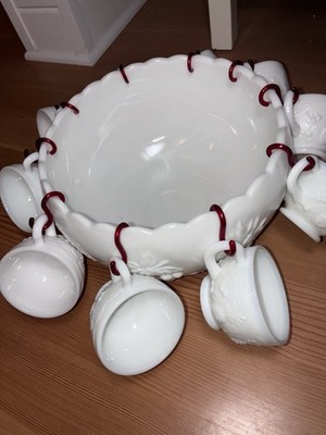 VTG Westmoreland Milk Glass Punch Bowl 11 Cups W/ Hooks Grape / Pineapple Motif