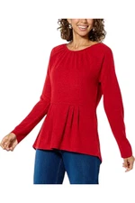 DG2 by Diane Women's Raglan-Slv Brushed Sweater Knit Peplum Top Red