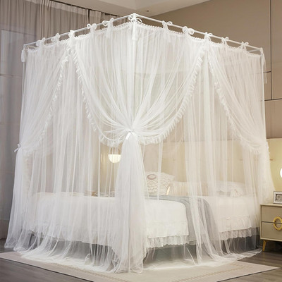 4 Corners Post Princess Curtain Bed Canopy Lace up Double Layer 4 Opening Mosqui