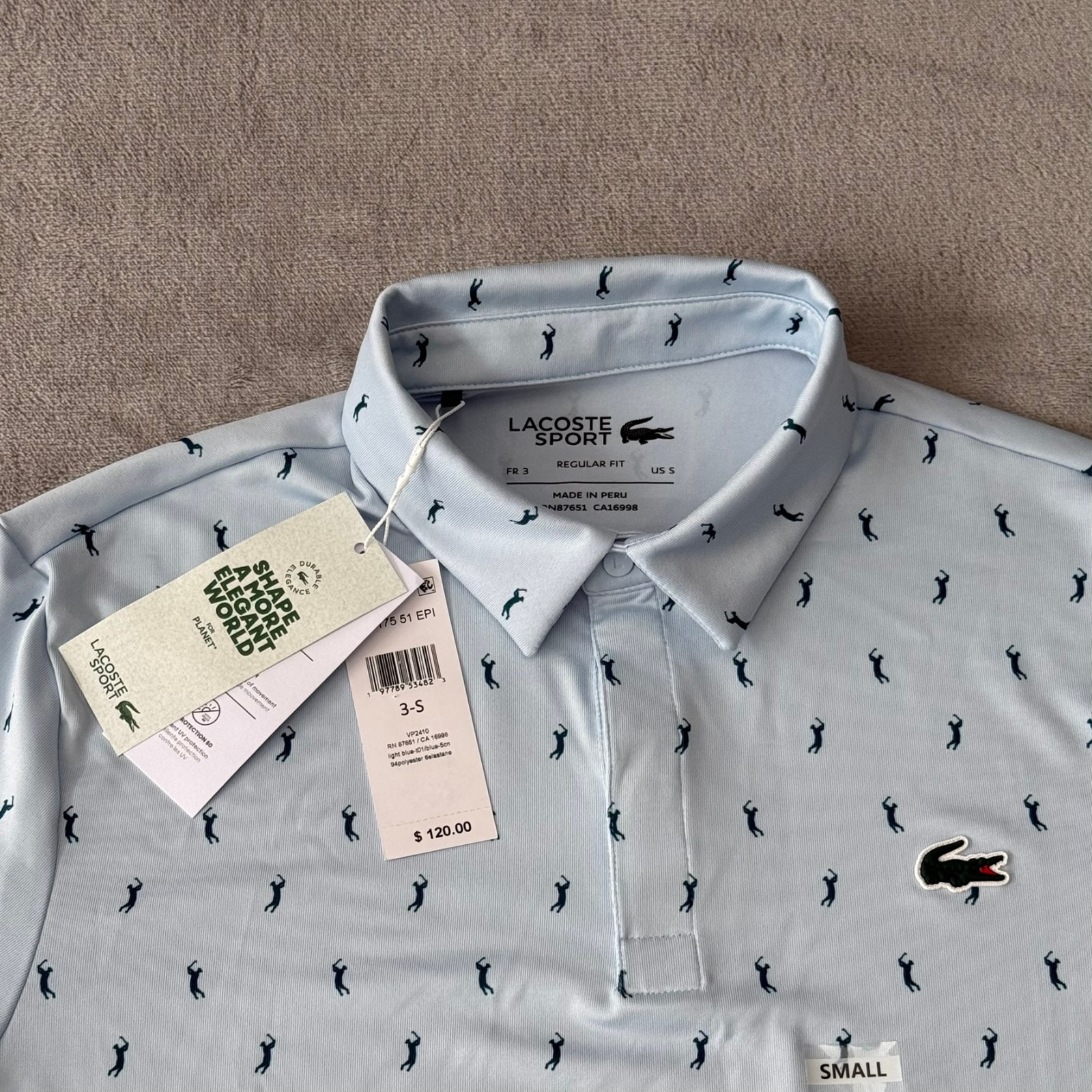 Lacoste Sport Performance Polo Shirt Mens 3 Small Blue Golf AOP UPF $120 New NWT thumbnail 2