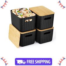 4 Packs Storage Bins with Bamboo Lids, Stackable Plastic Organizing Boxes