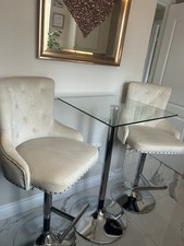 Bar Table And Two Bar Stools In Silver And Upholstered In Cream Velvet