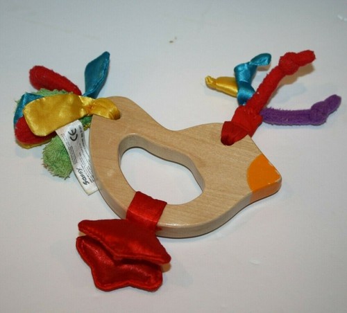 Sassy Teething Toy Duck 6" Knotted Ribbon Bird Dove Wood Ring Crinkle Sensory - Picture 4 of 7