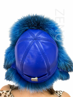 Blue fox and suede Trapper style hat Real Raccoon Blue Fur Hat, Fluffy Trapper Style, Handmade  main image 4