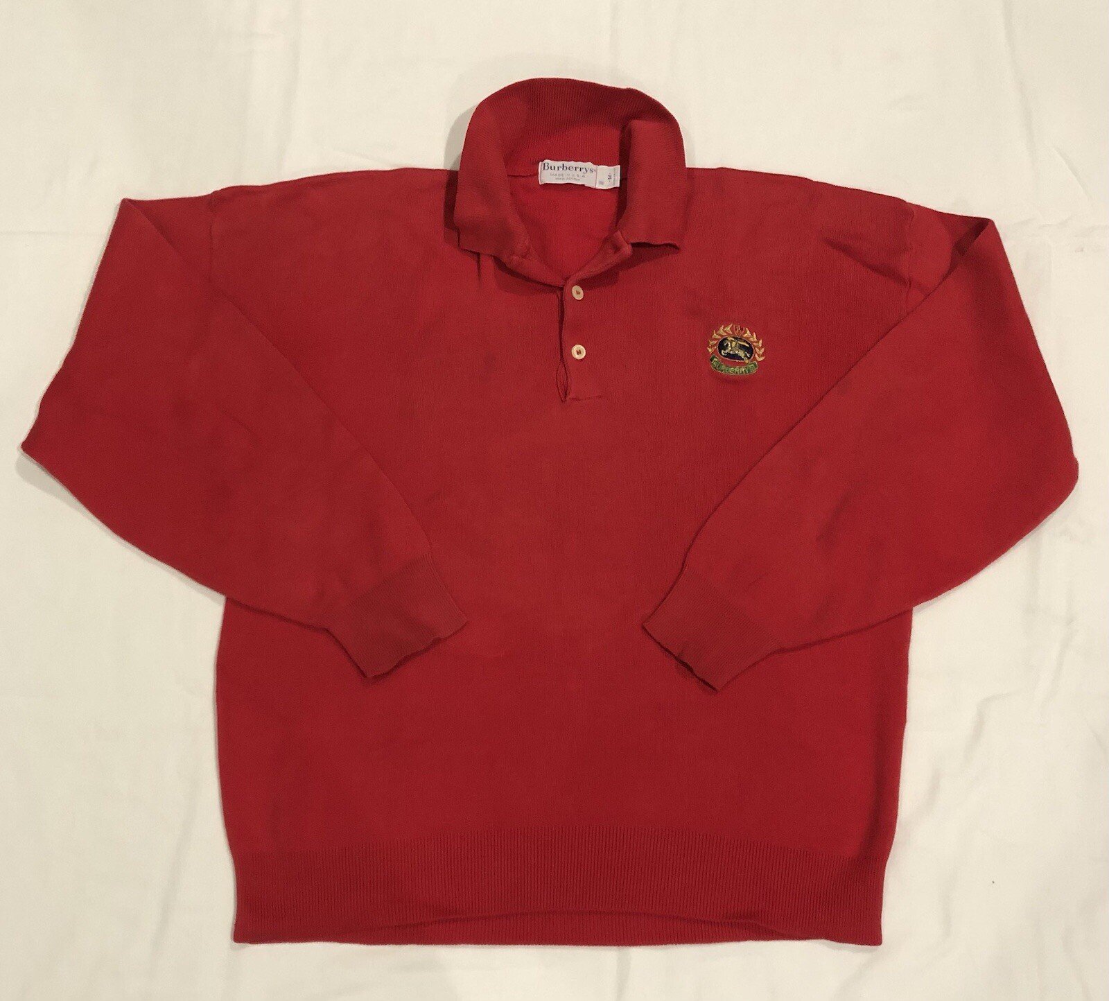 Vintage Burberrys Mens M 100% Cotton Long Sleeve Polo Shirt Sweater Red USA Made