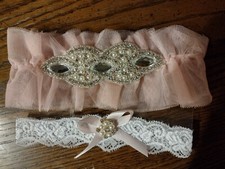 Bridal Garter Set, One to Keep, One to Throw Pink White Lace Embellished Wedding
